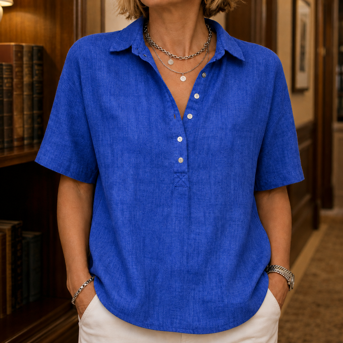 Anais-Pearl Collared Blouse - Blue