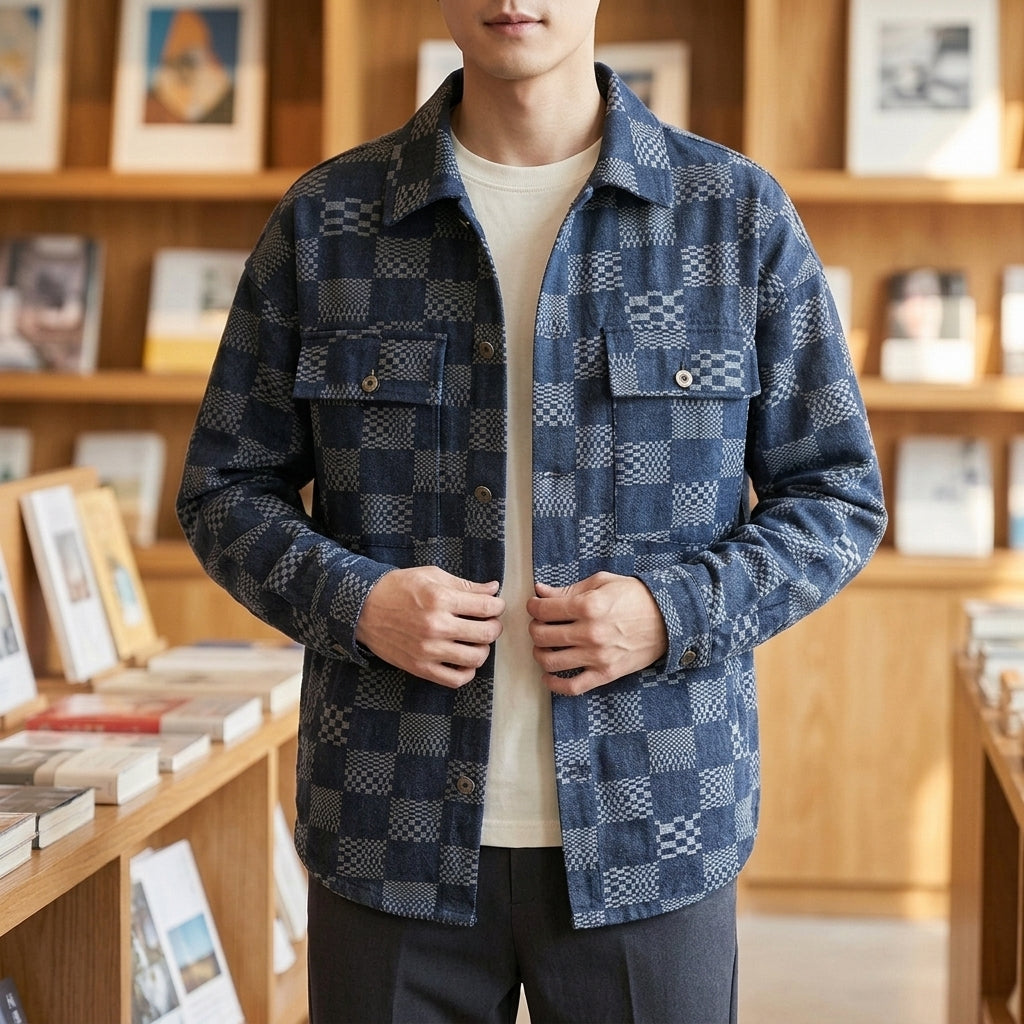 Hadrian Checkered Denim Jacket - Blue