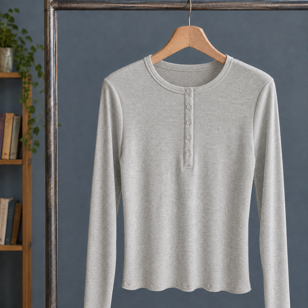 Cadence-Marie Ribbed Henley Top - Light Gray