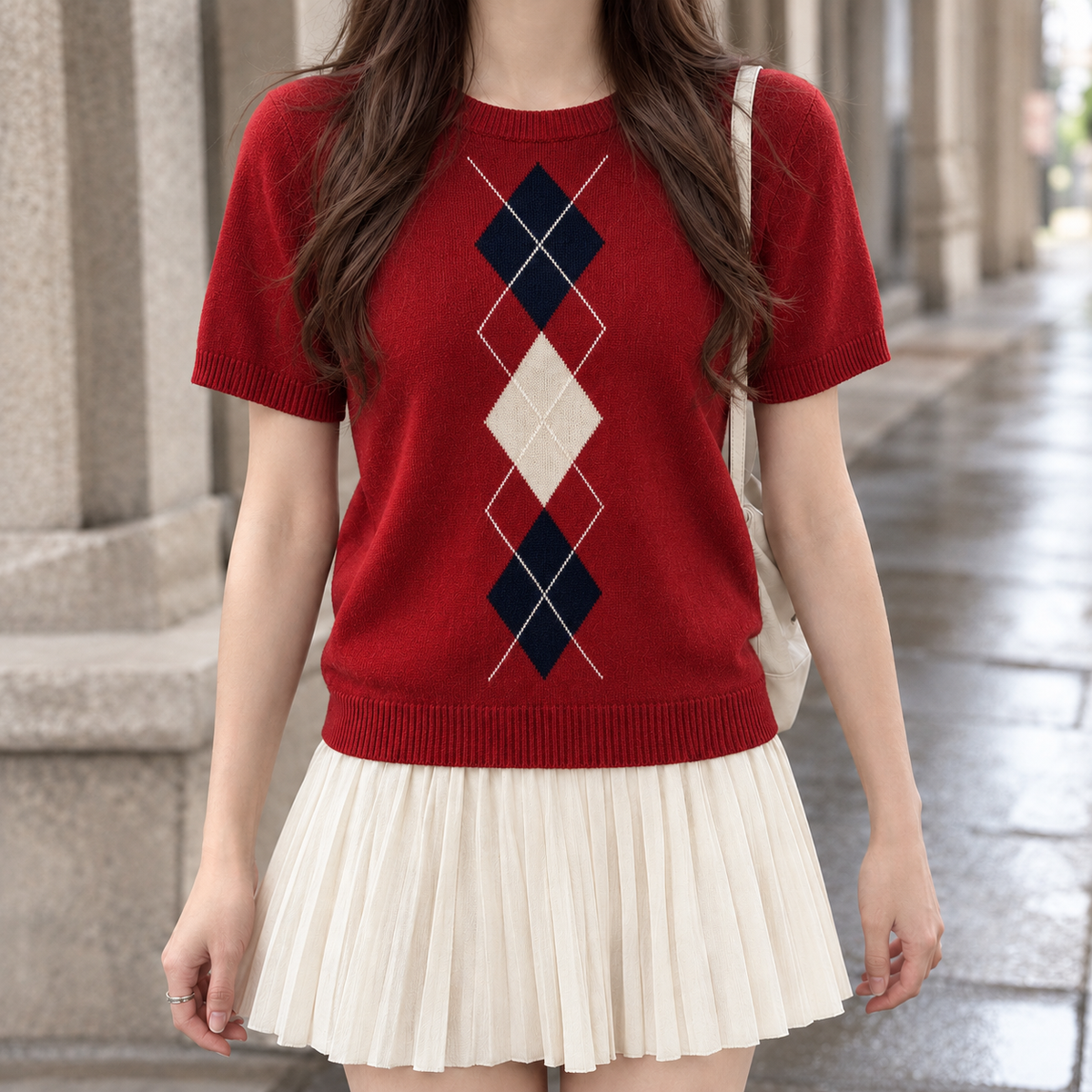 Millie-Grace Argyle Knit Top - Red