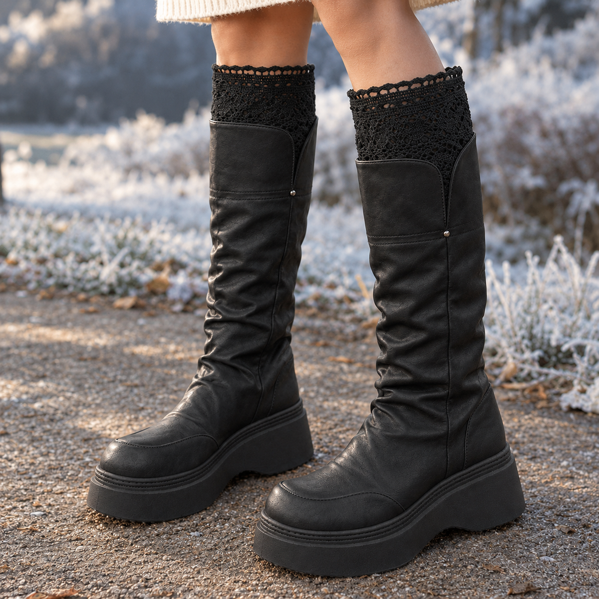 Toscano Lace Cuff Boots - Black