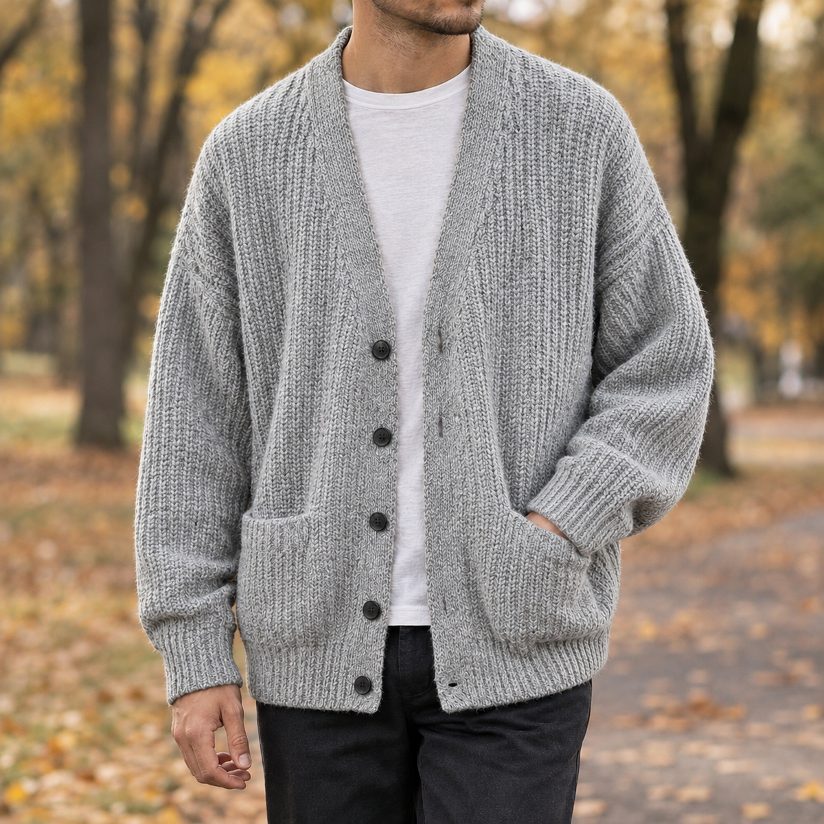 Nicodemus-Miles Ribbed Knit Cardigan - Light Gray