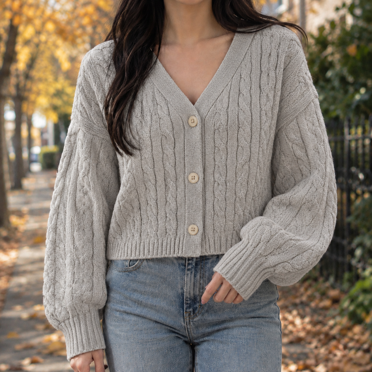 Isabelle-Mae Cable Knit Cardigan - Light Gray
