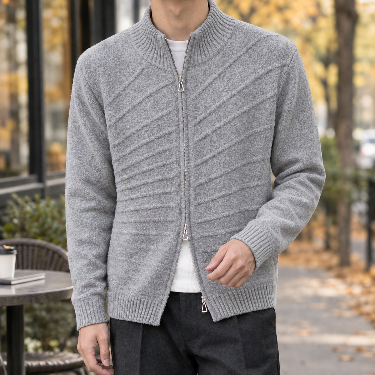 Rufus-Grant Zip Knit Sweater - Gray