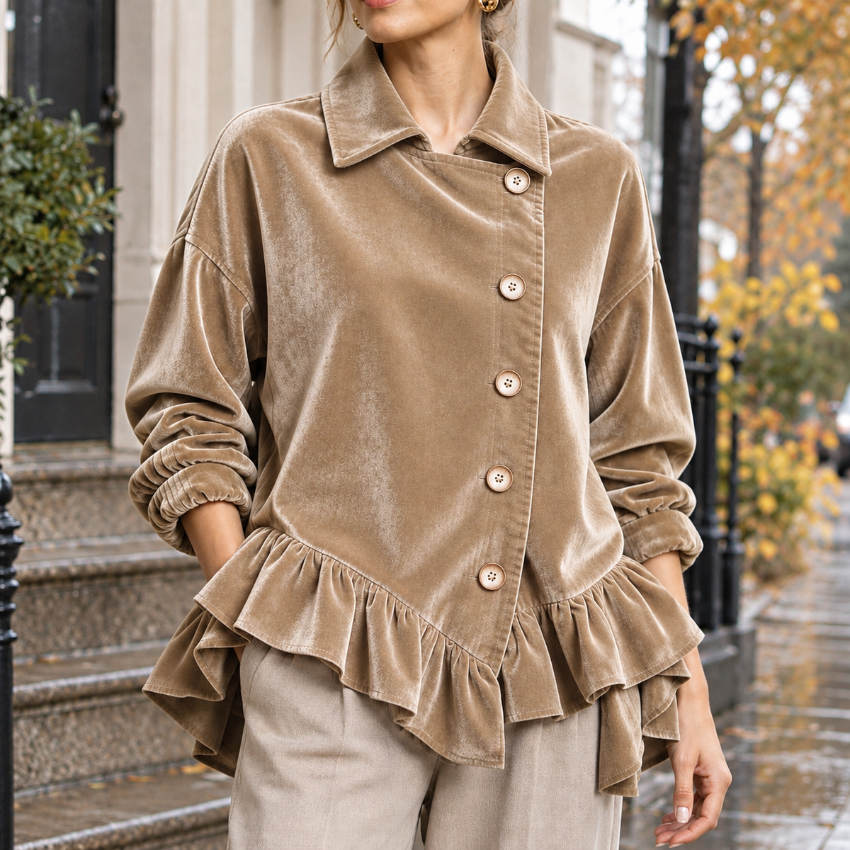 Lily-Kate Velvet Peplum Jacket - Khaki