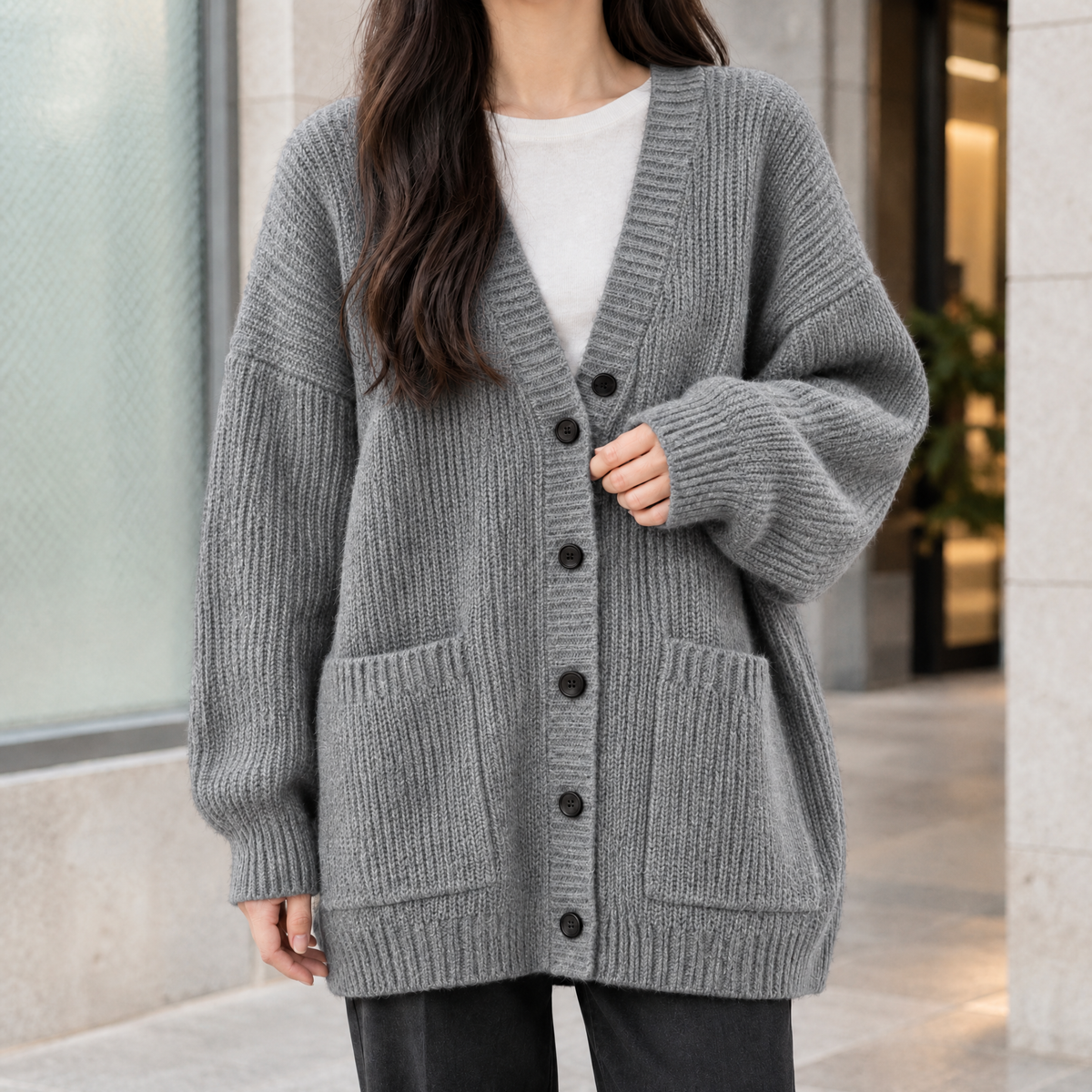 Thalia-Grace Ribbed Cardigan - Gray