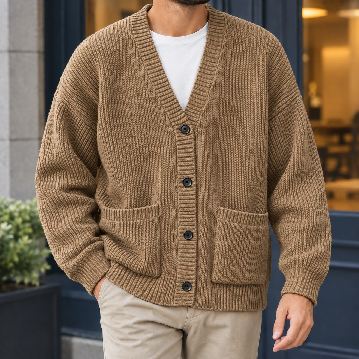 Torquil Ribbed Cardigan - Khaki