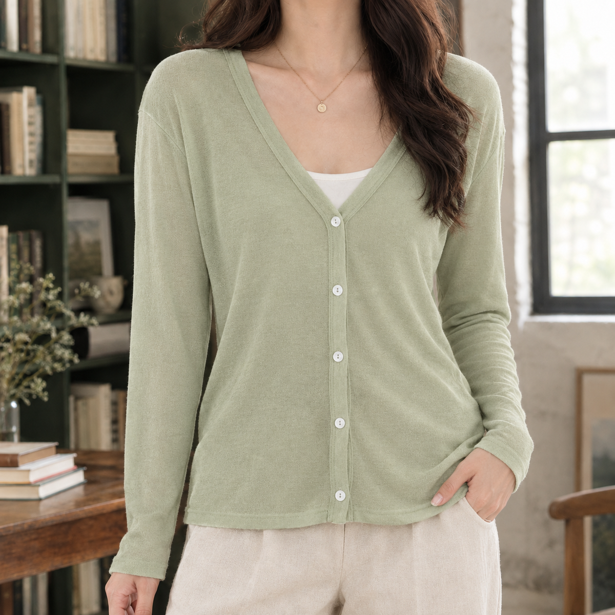 Hesper-Rae V-Neck Cardigan - Light Green