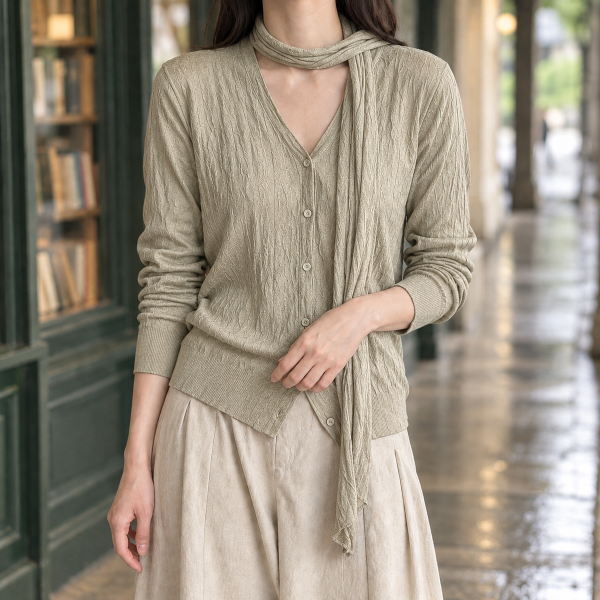 Chatsworth Scarf Collar Cardigan - Khaki