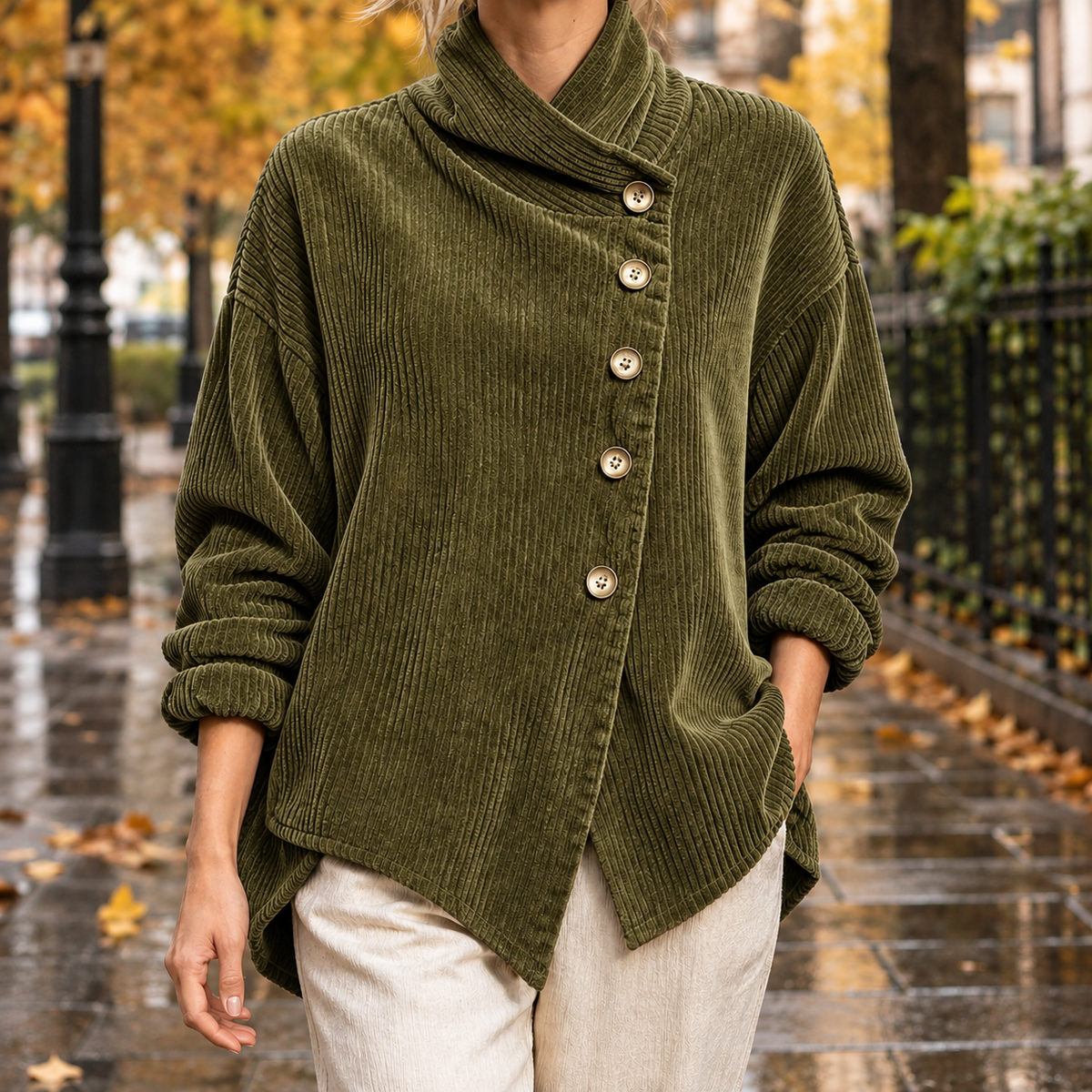 Desiree-Pearl Corduroy Jacket - Olive Green