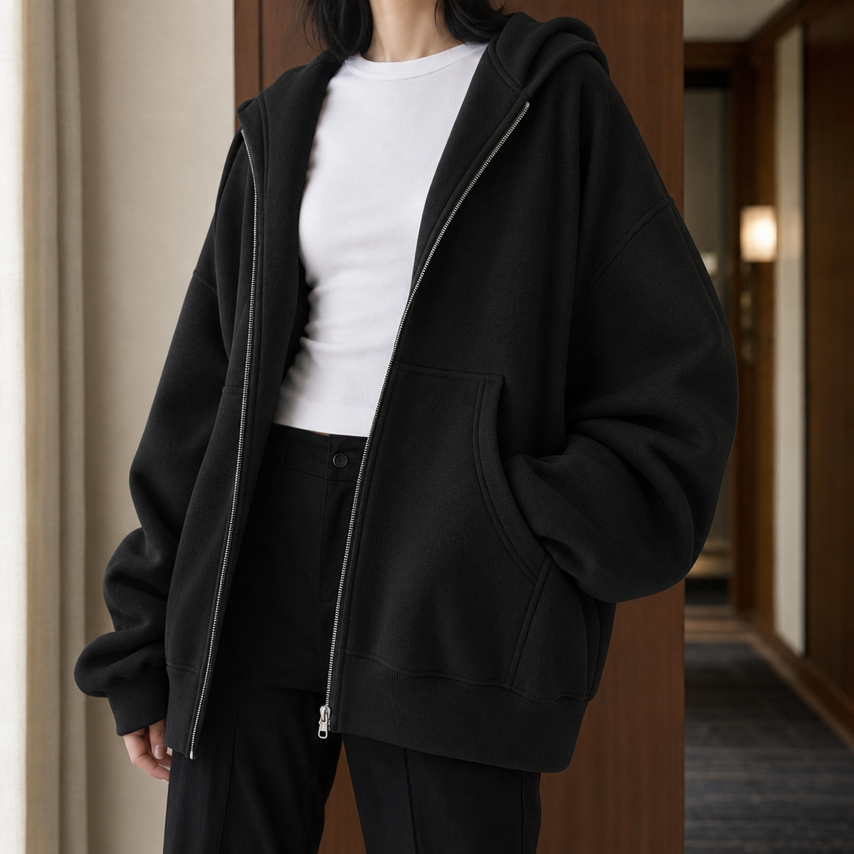 Olive Oversized Zip Hoodie - Black