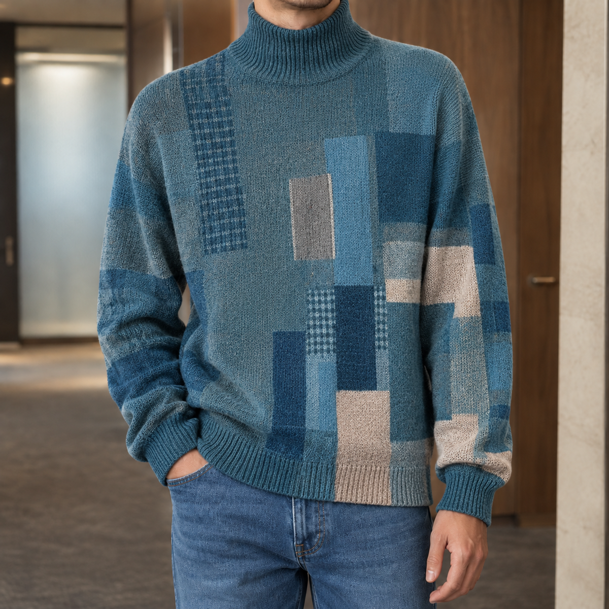 Kit Mock Neck Sweater - Teal Patchwork