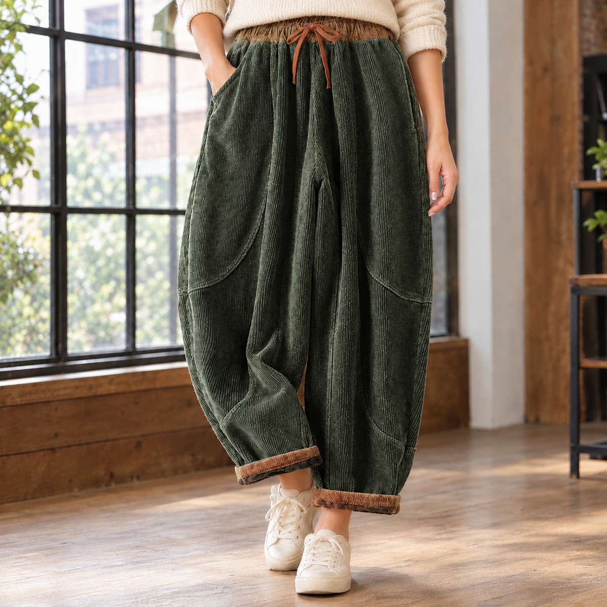 Marlene-June Corduroy Harem Pants - Army Green