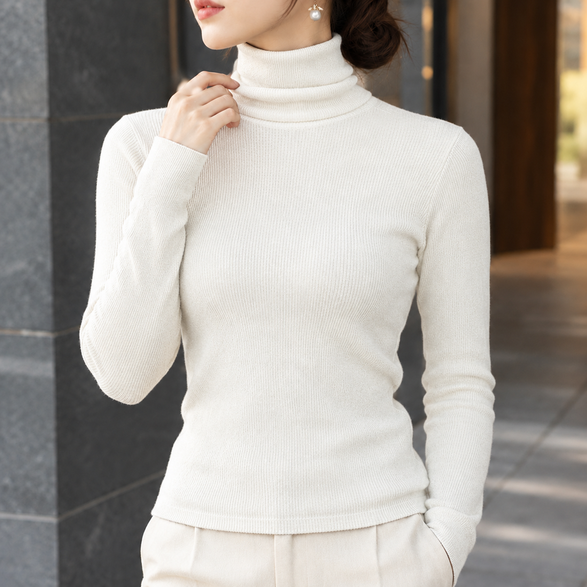 Honora-Louise Ribbed Turtleneck Top - White