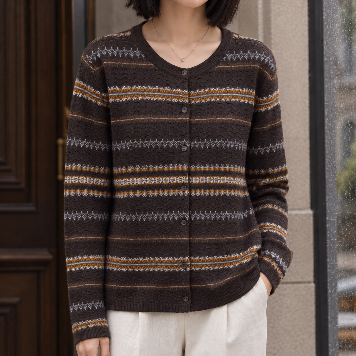 Lisandra-Pearl Jacquard Cardigan - Coffee