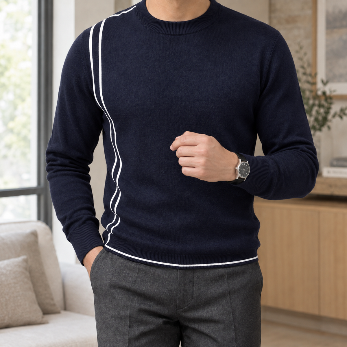 Logan Contrast Stripe Sweater - Navy Blue