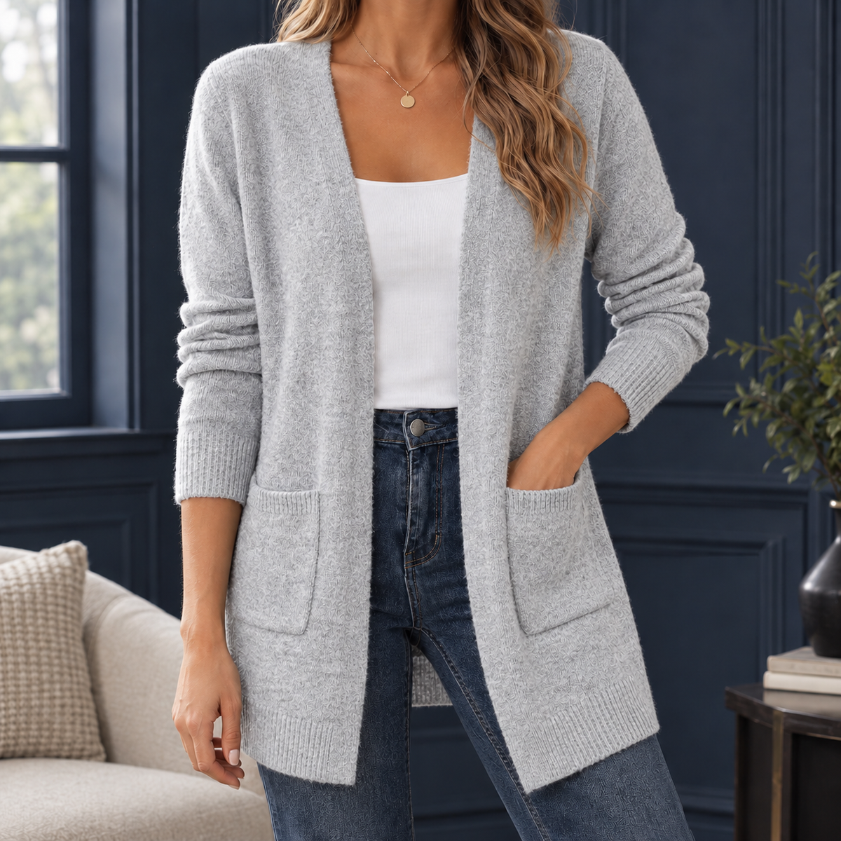 Megan Open Front Sweater - Light Gray