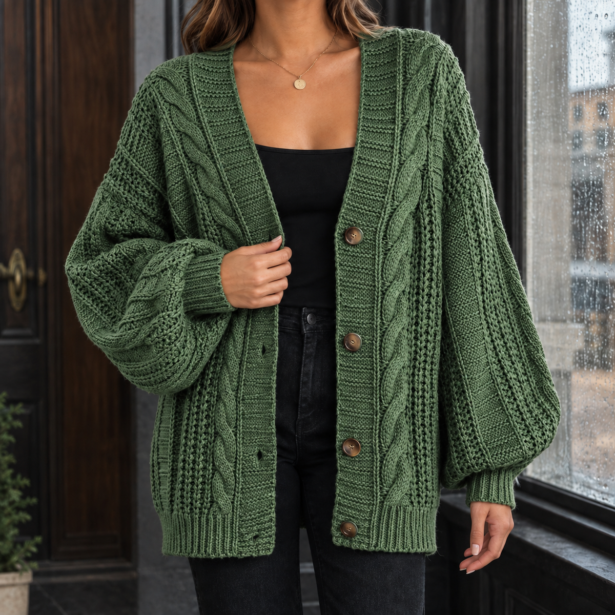 Ascelin Cable Knit Cardigan - Green