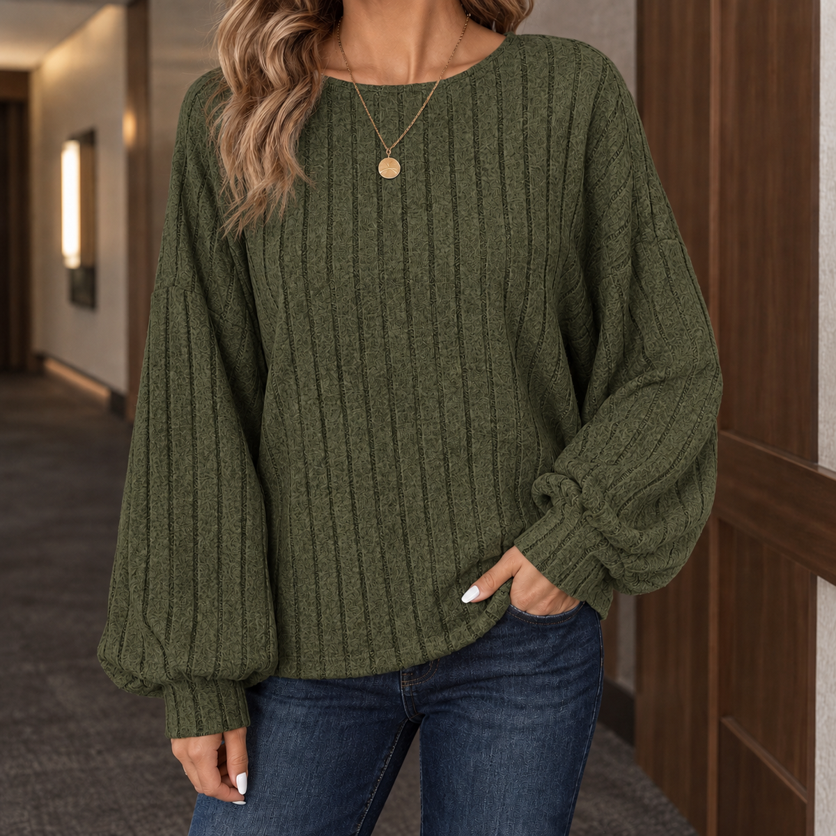 Arwen-Sage Ribbed Top - Dark Green