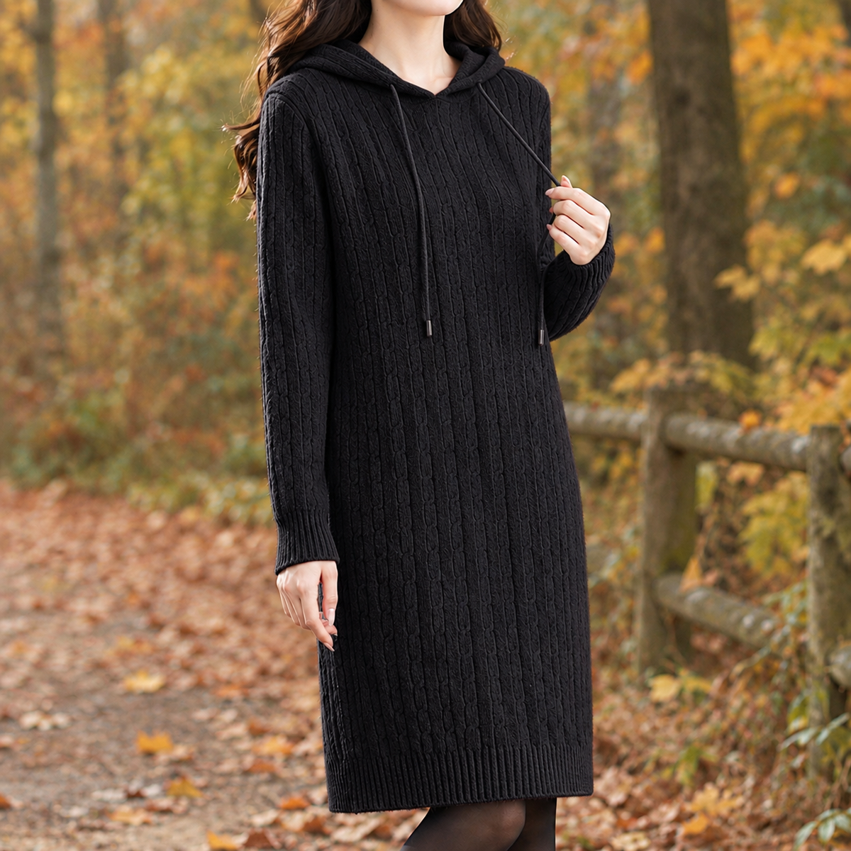 Cecilia-Elise Hooded Sweater Dress - Black
