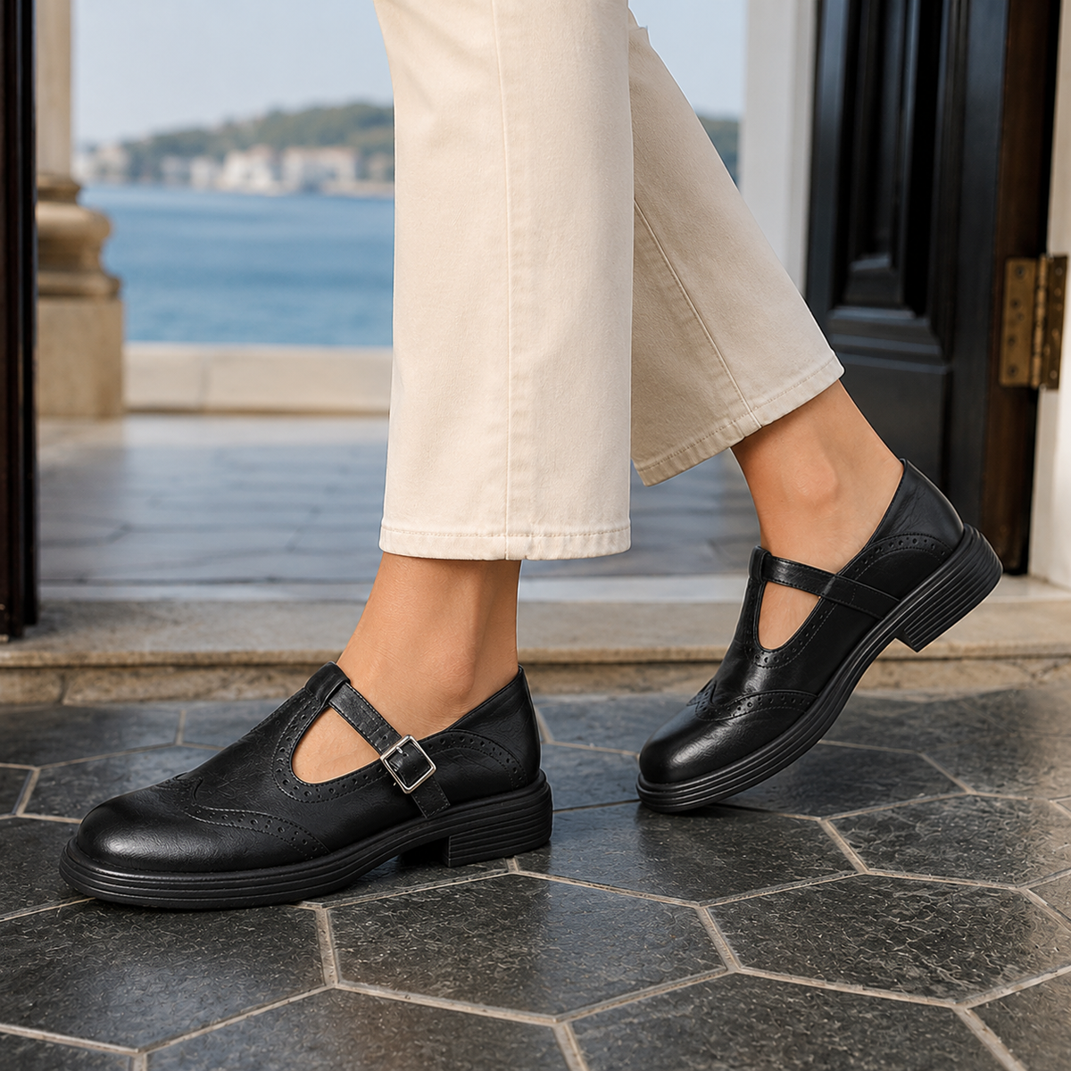 Vinci Brogue Mary Janes - Black