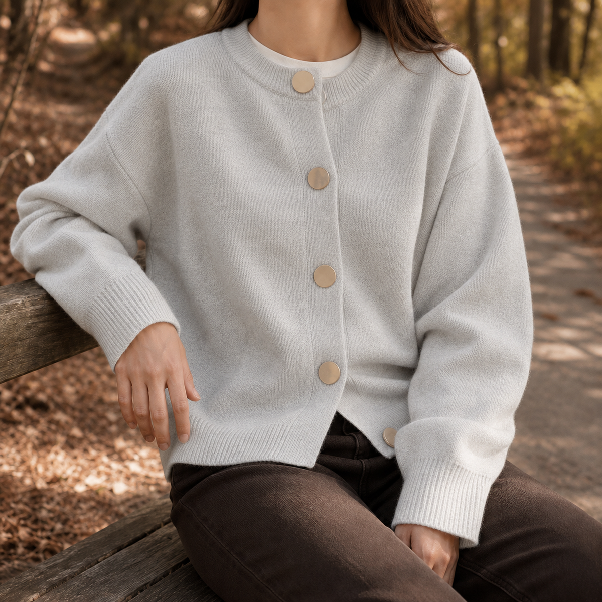 Griselda-Mae Round Neck Cardigan - Light Gray