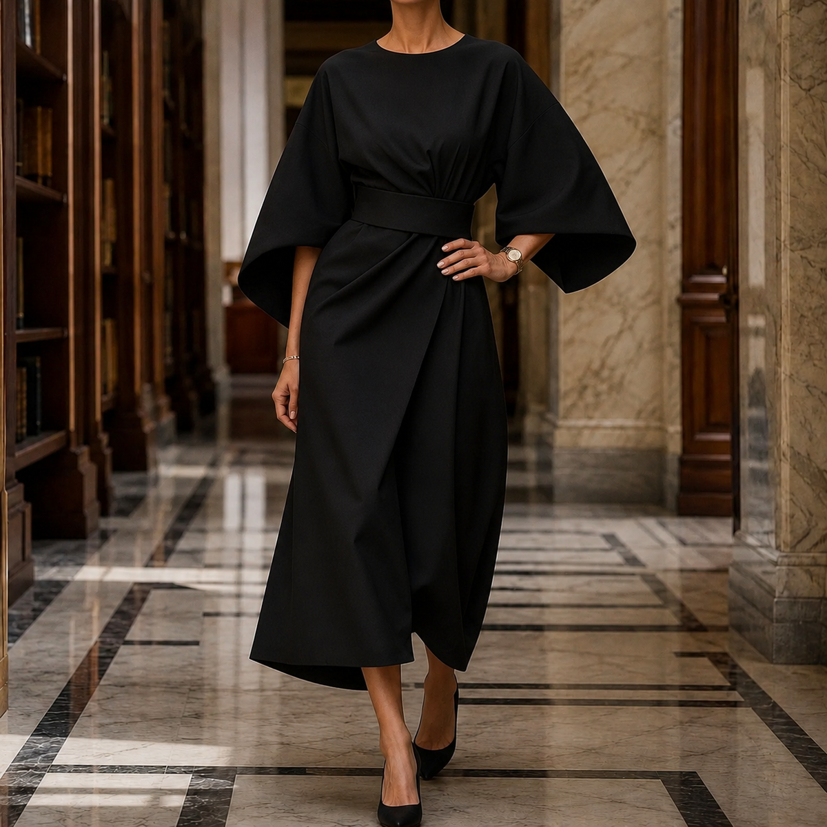 Astrid-Hope Belted Midi Dress - Black