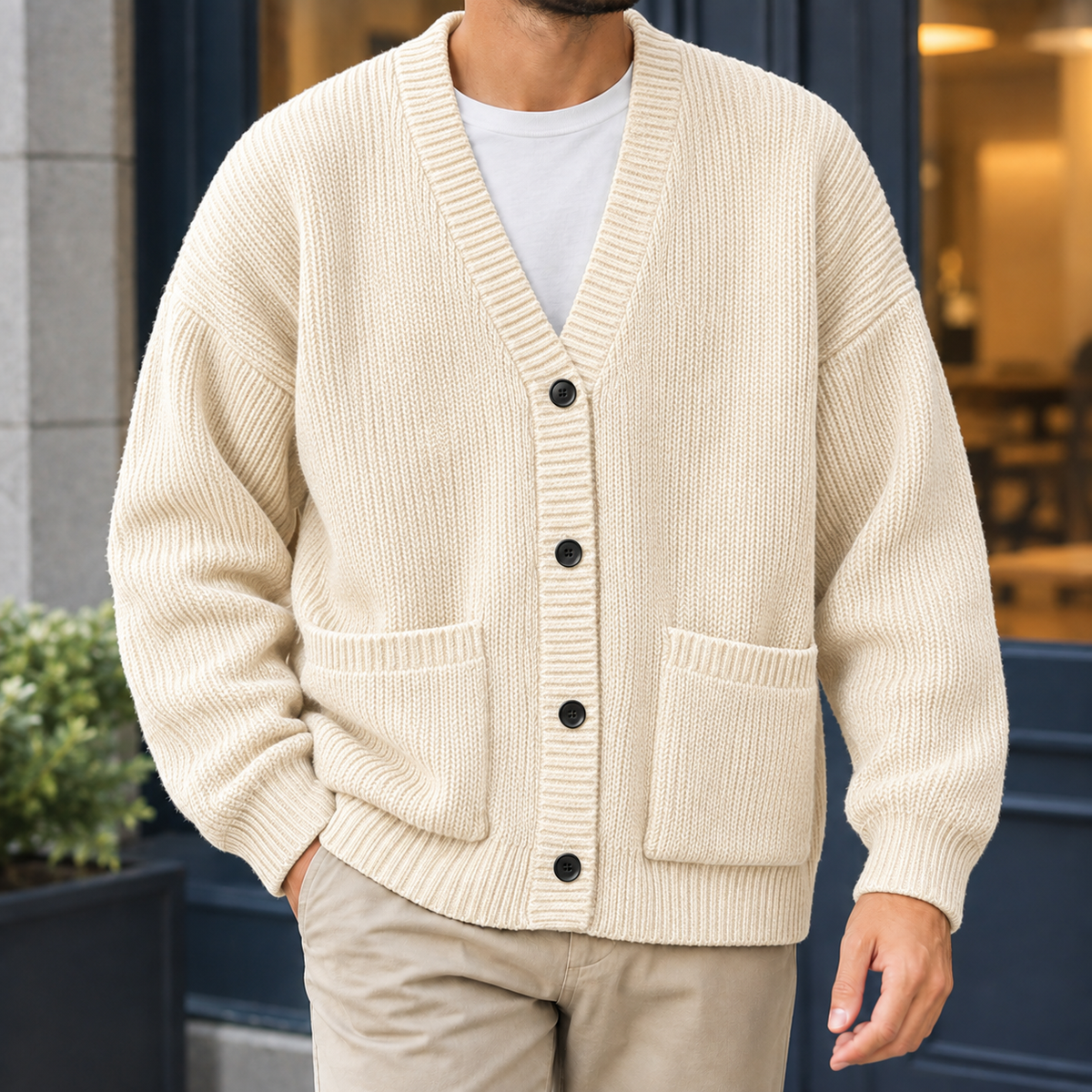Torquil Ribbed Cardigan - Cream White