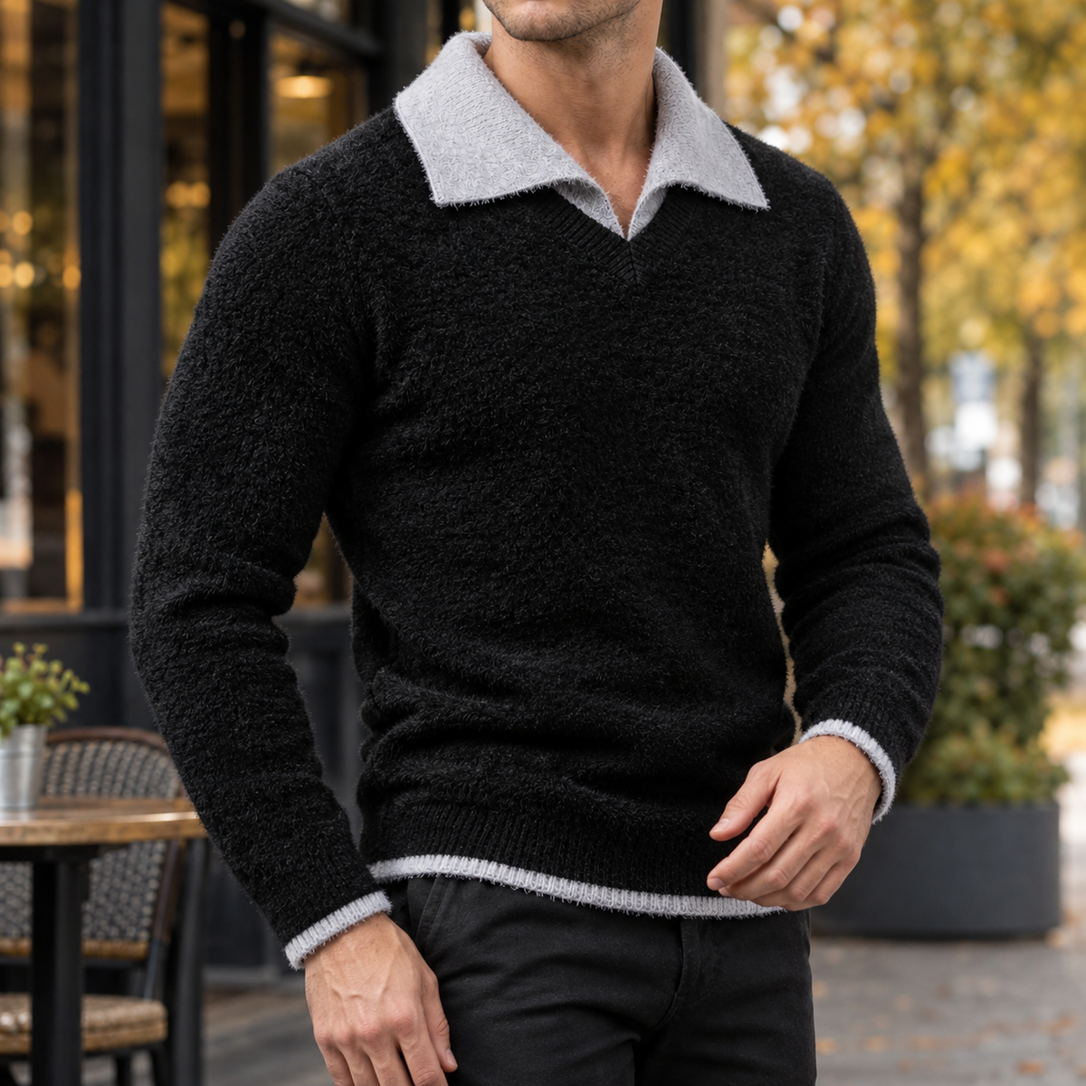 James Contrast Collar Sweater - Black