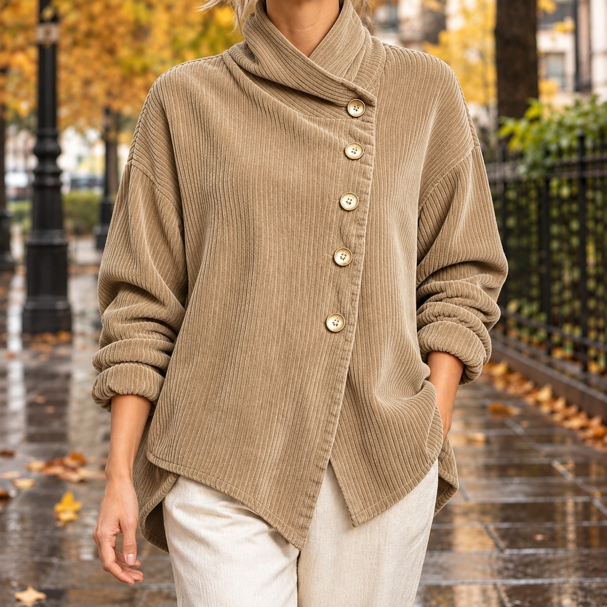 Desiree-Pearl Corduroy Jacket - Khaki