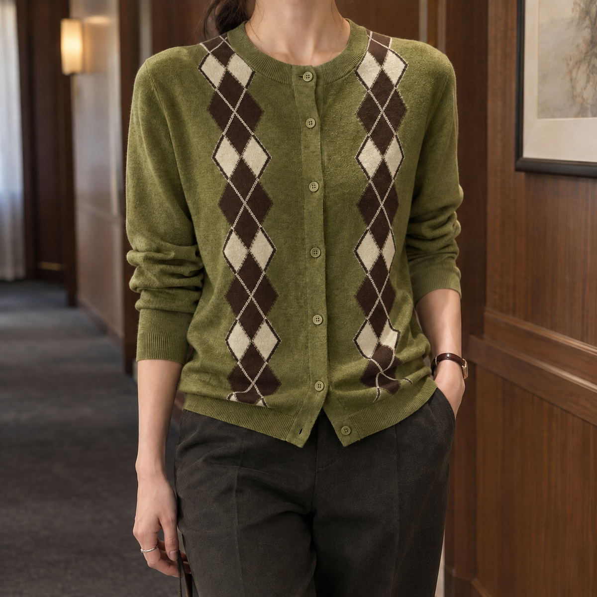 Kara-Claire Argyle Cardigan - Green