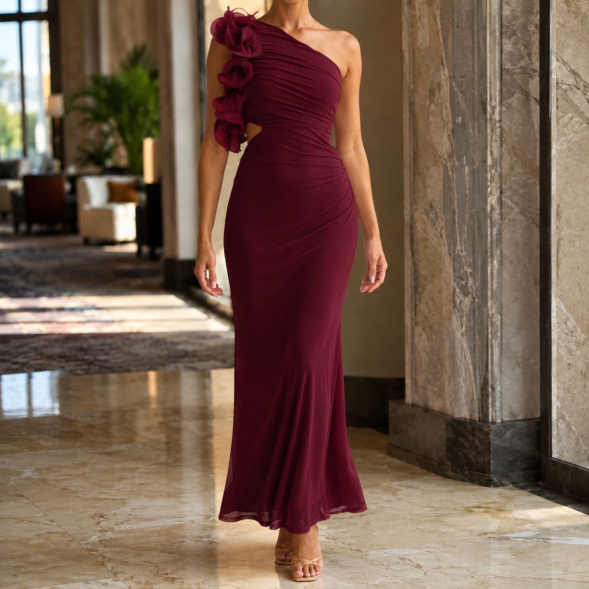 Harriet-Louise Asymmetric Maxi Dress - Burgundy