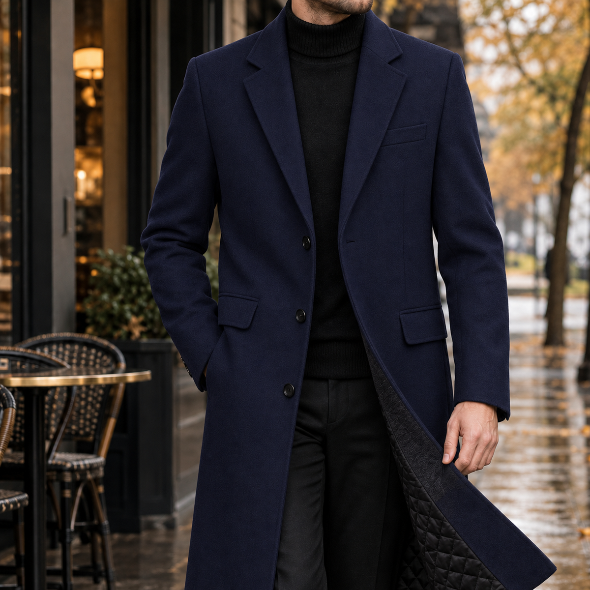 Caspian Cotton Overcoat - Navy Blue