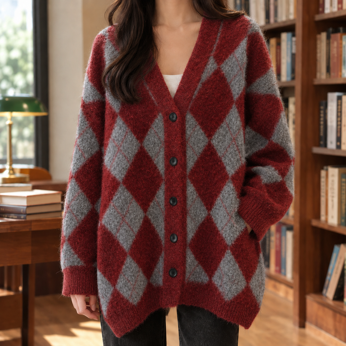 Gwendolyn Argyle Cardigan - Wine Red