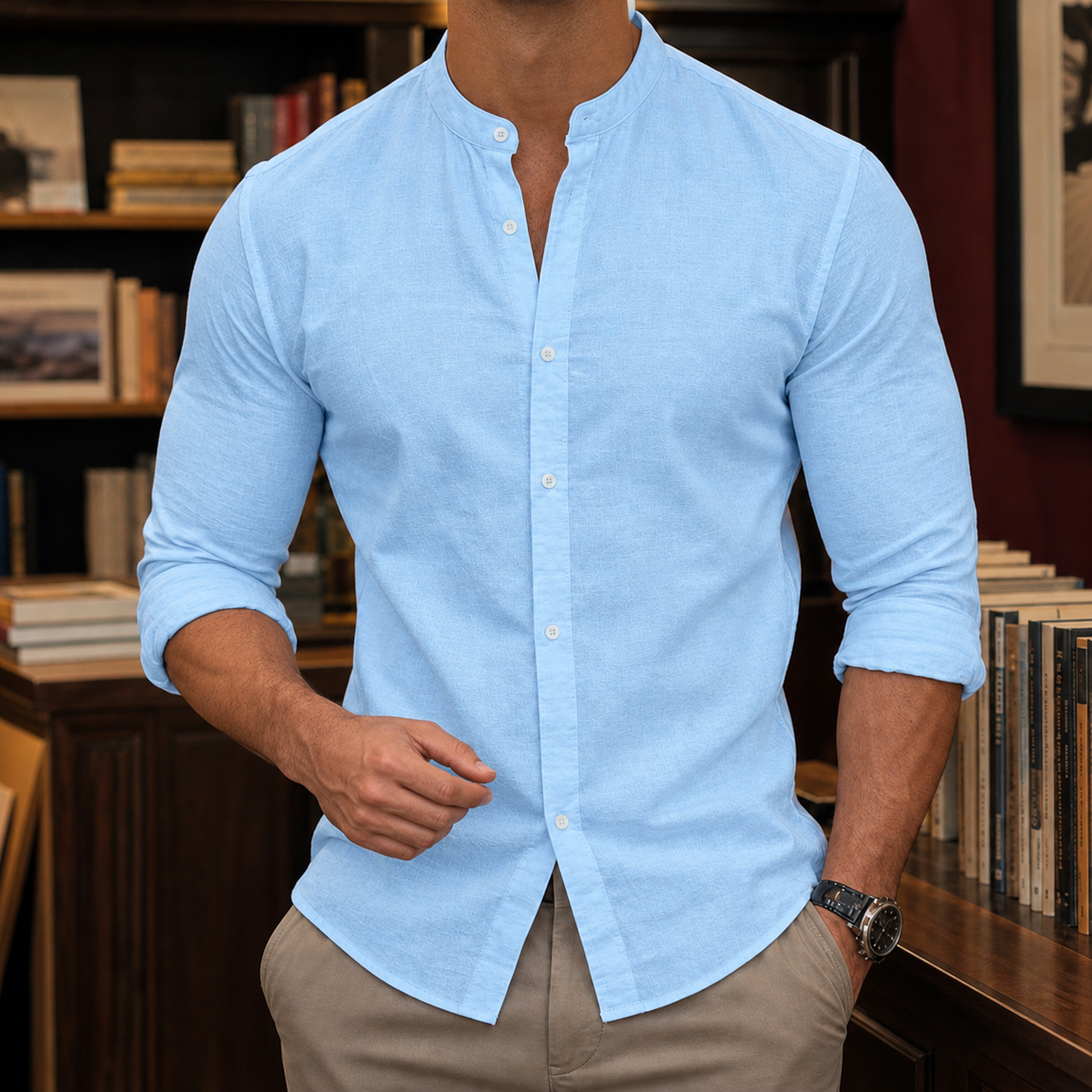 Cooper Band Collar Shirt - Light Blue