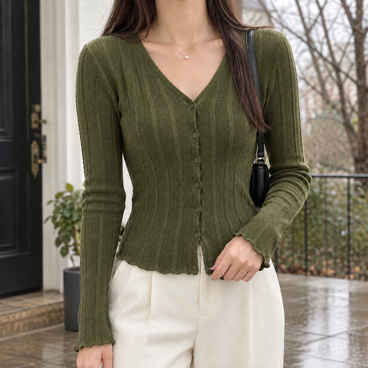Elle-Pearl Ribbed Cardigan - Green