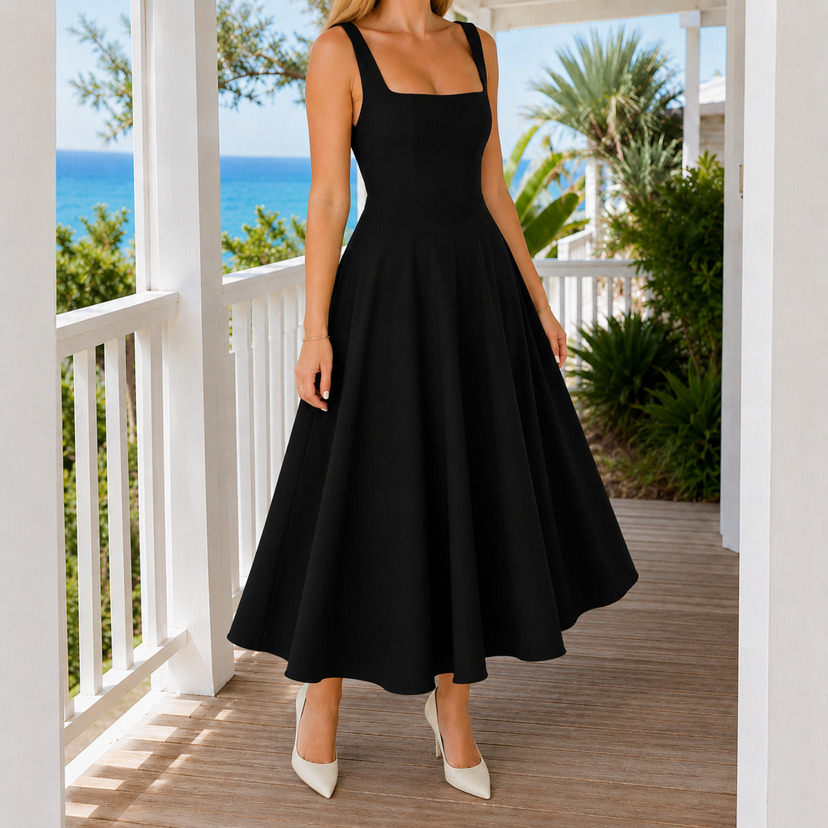Yvette Square Neck Dress - Black