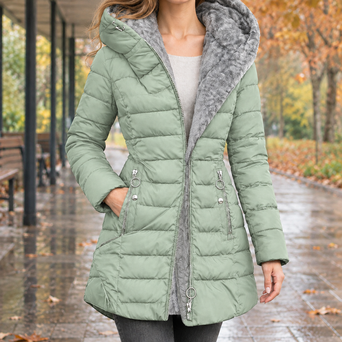 Gemma-Pearl Longline Quilted Jacket - Light Green