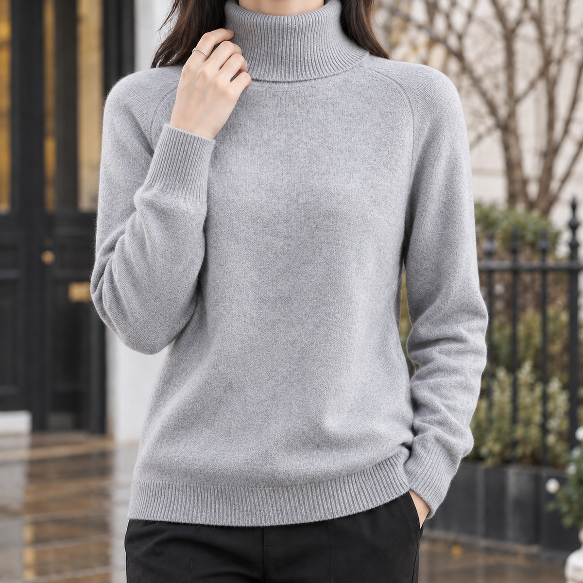 Cadence-Sage Turtleneck Sweater - Light Gray