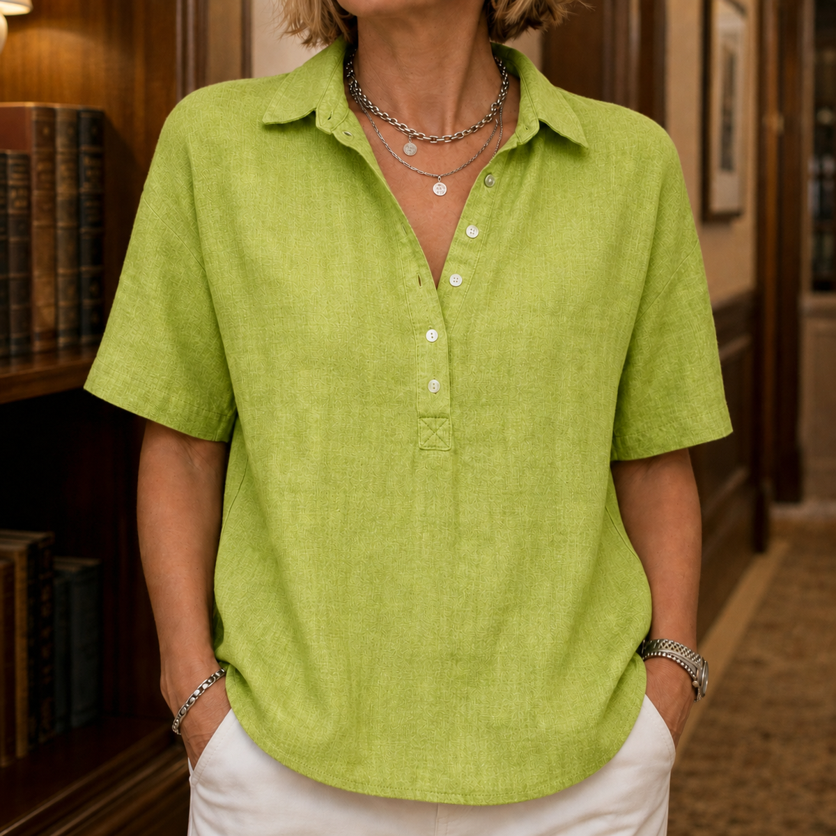 Anais-Pearl Collared Blouse - Green
