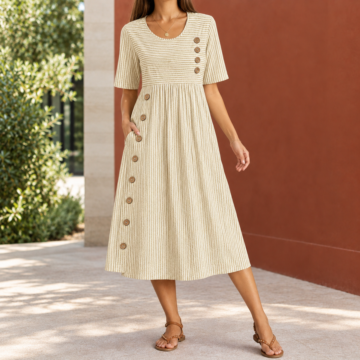 Liliana-Rae Pinstripe Midi Dress - Beige