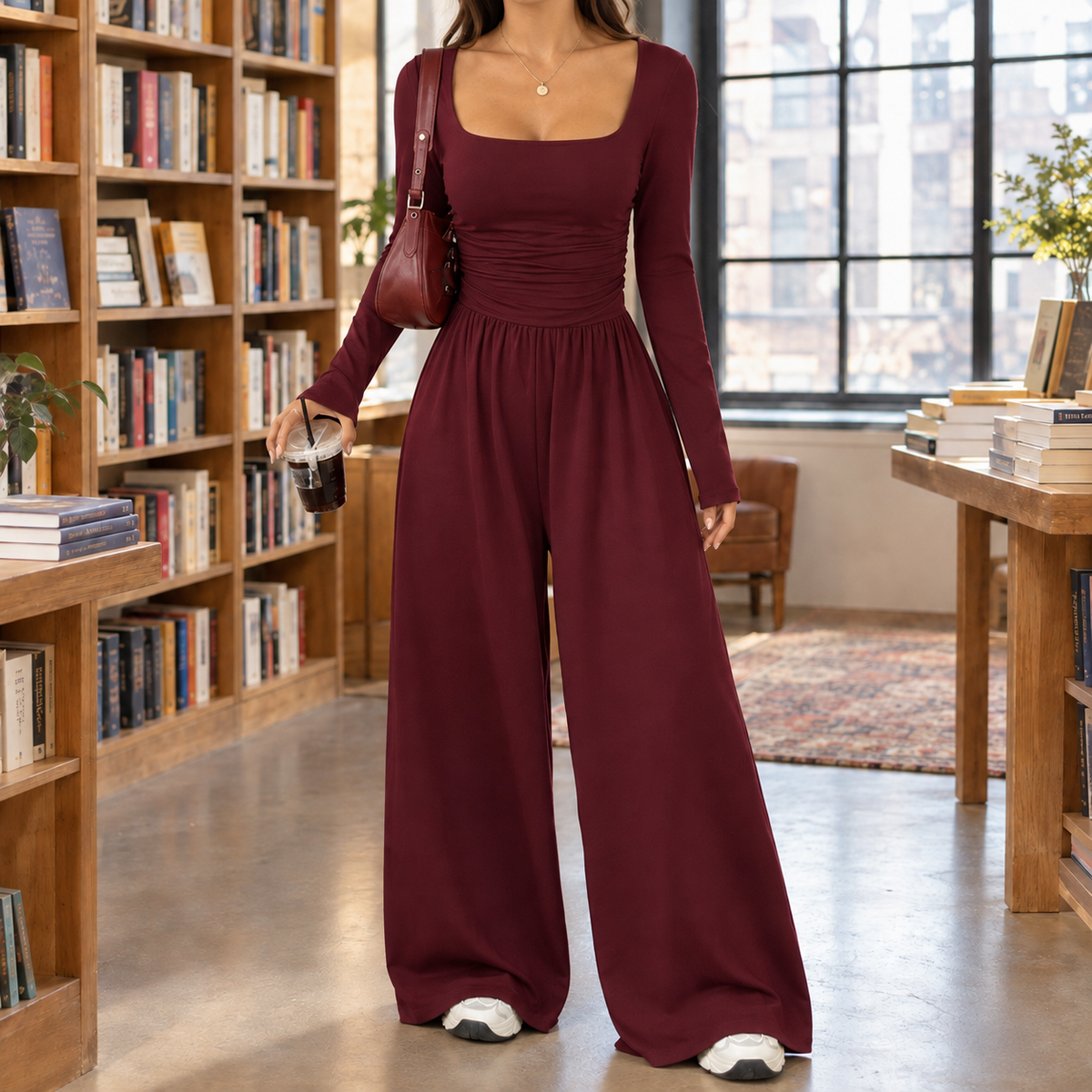 Ariana Square Neck Jumpsuit - Burgundy