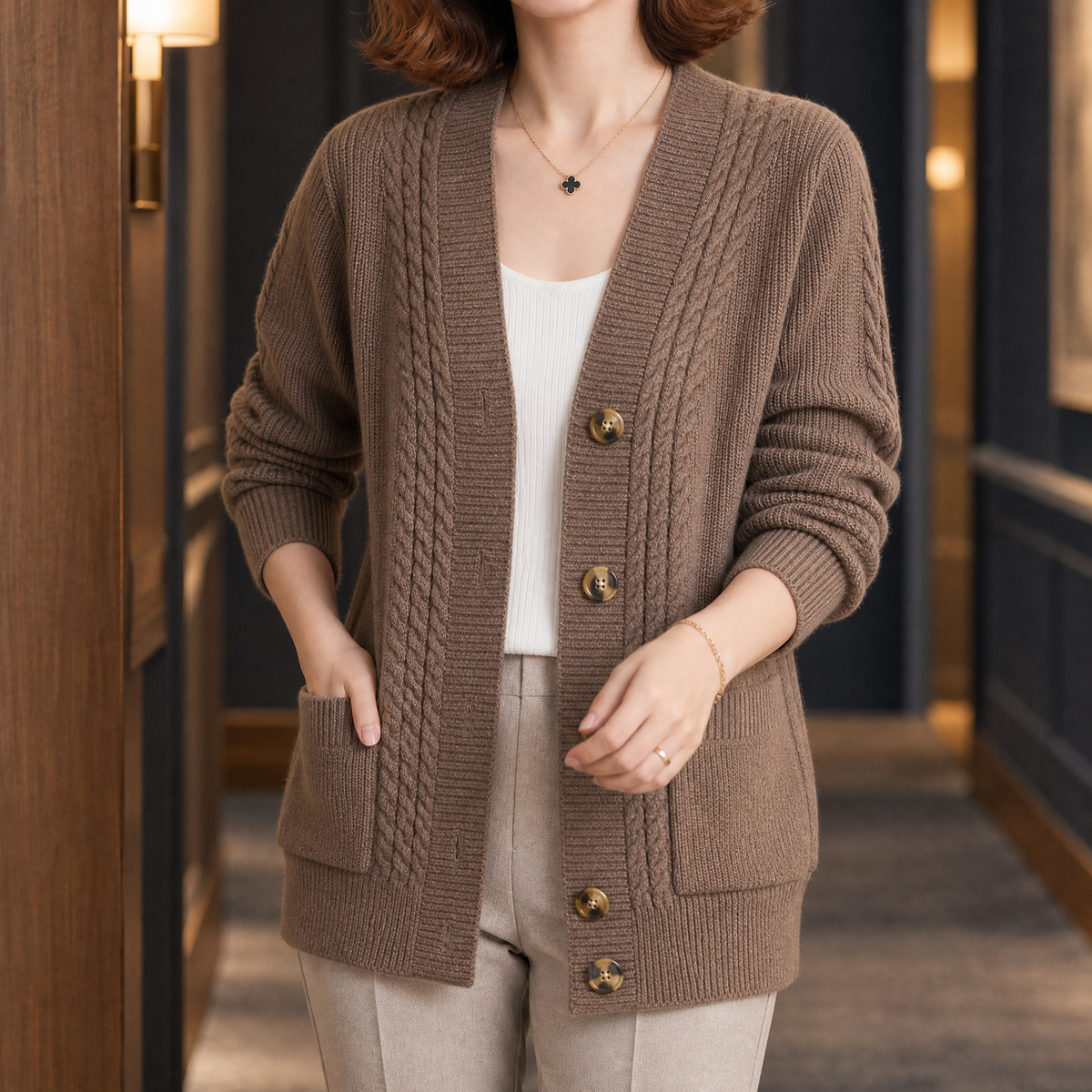 Danielle Cable Knit Cardigan - Brown