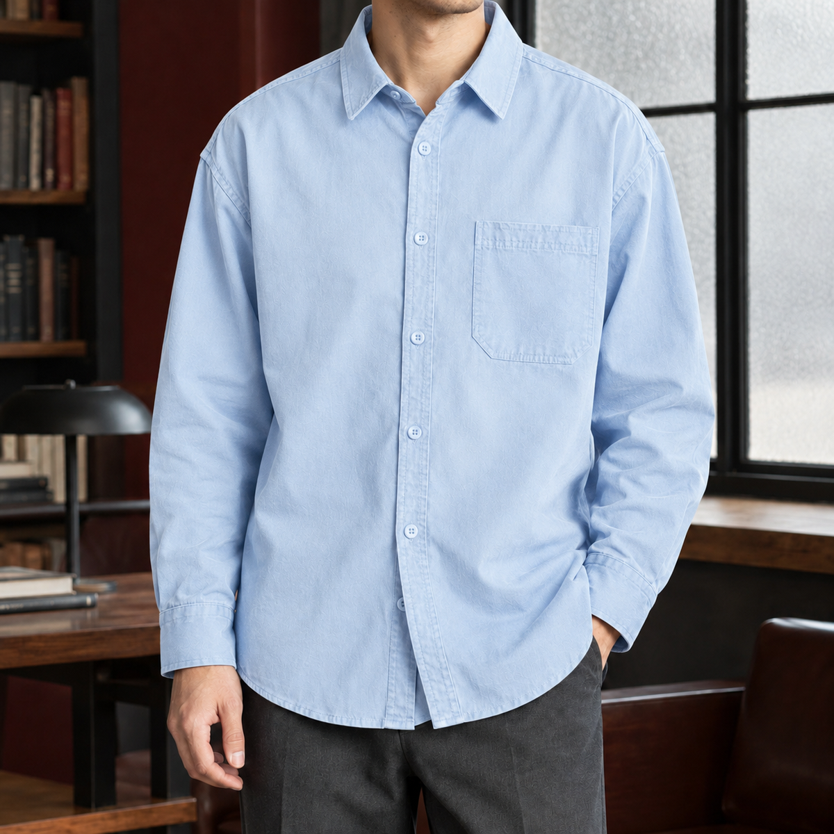 Damien Relaxed Cotton Shirt - Light Blue