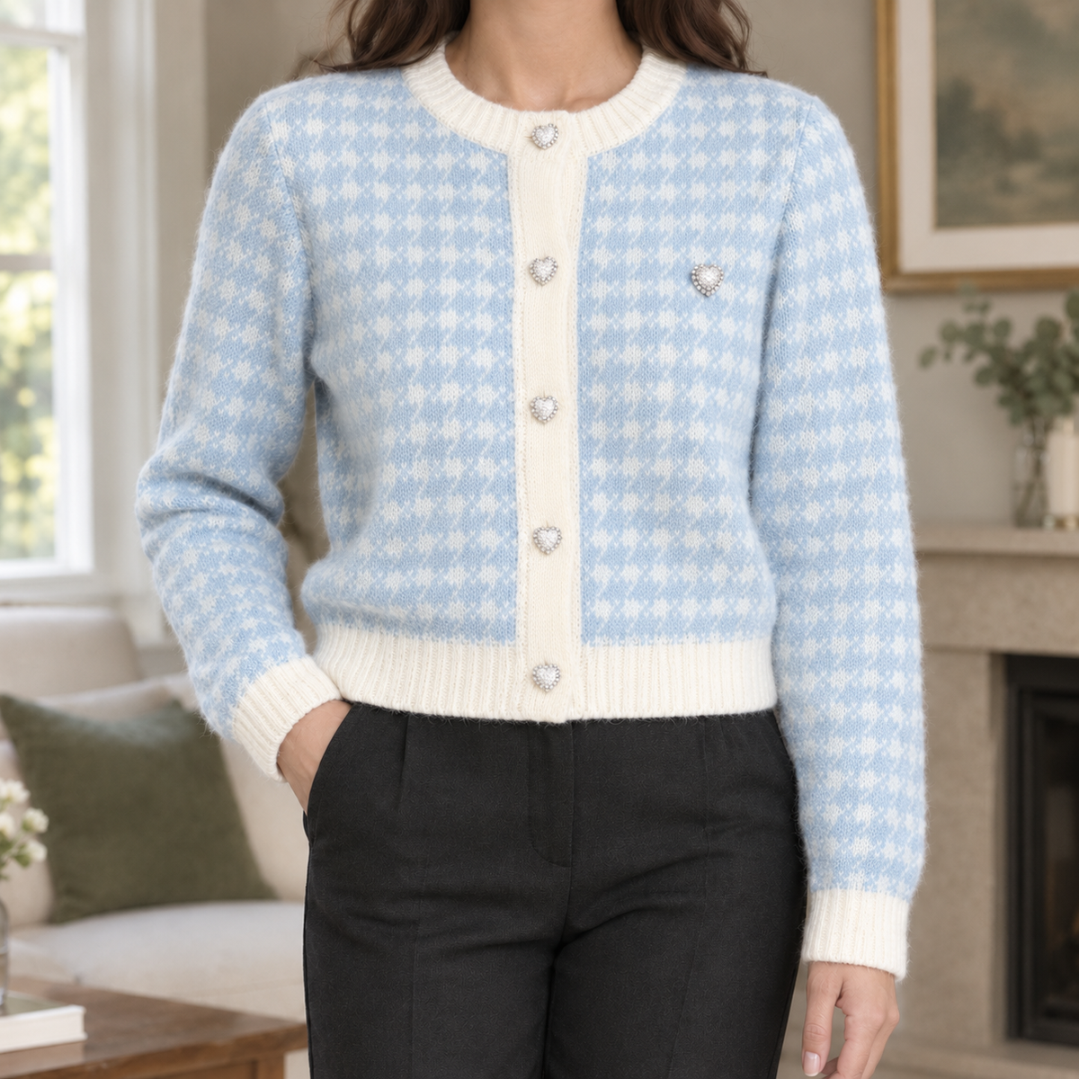 Becca Houndstooth Cardigan - Light Blue