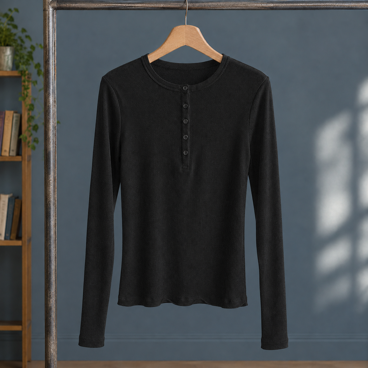 Cadence-Marie Ribbed Henley Top - Black