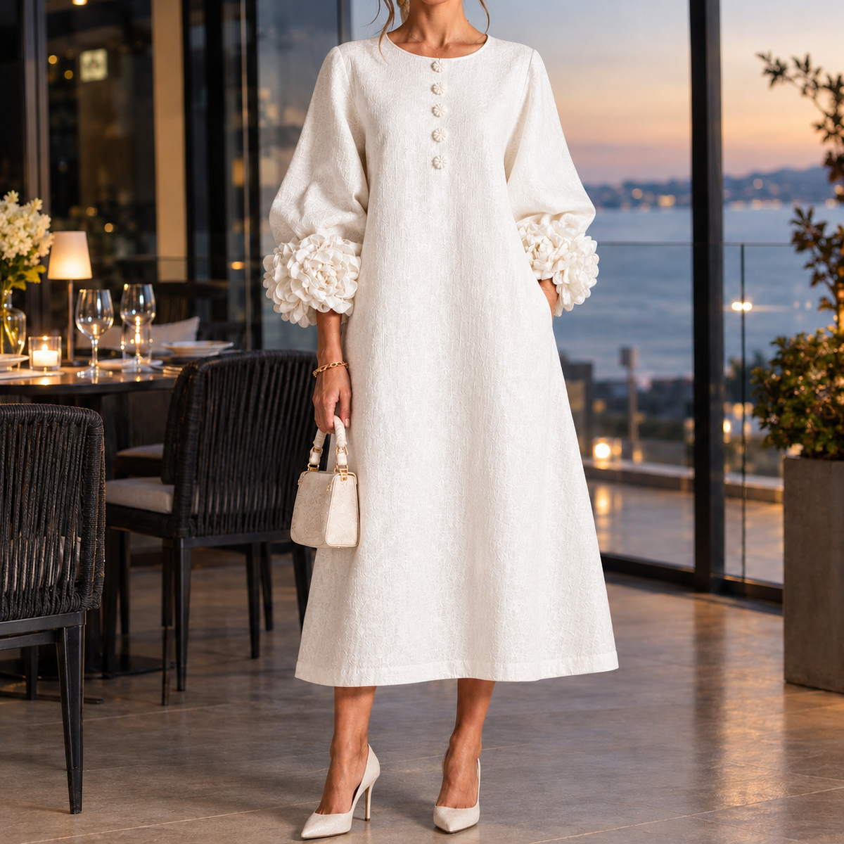 Estella-Eve Floral Cuff Dress - White