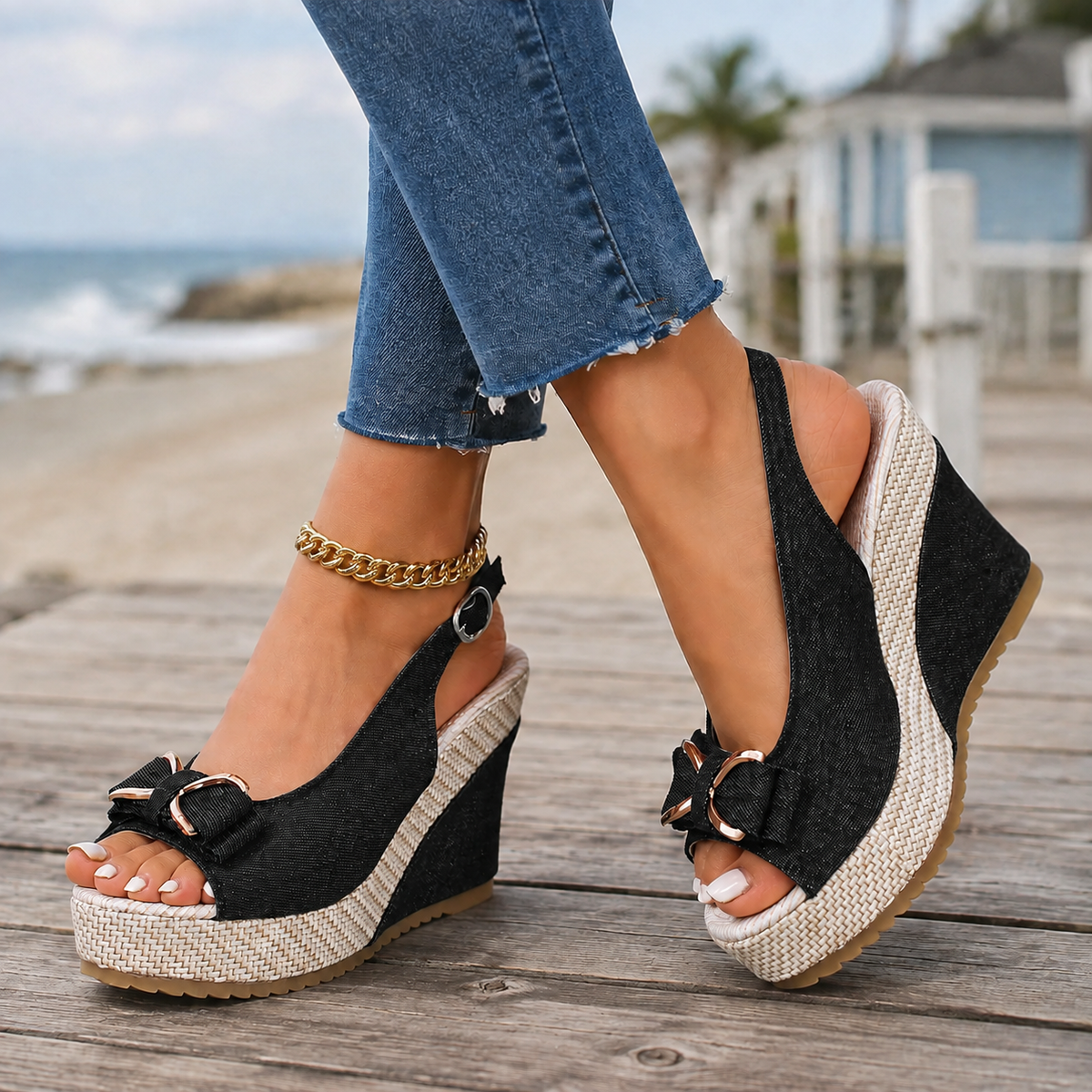 Ruggeri Denim Wedges - Black
