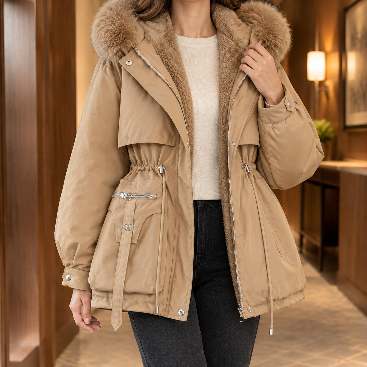 Audrina Fur Trim Jacket - Khaki