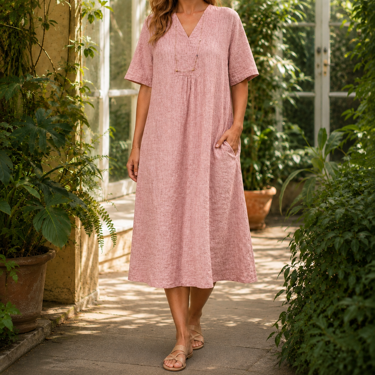 Nerissa Crinkle Midi Dress - Pink
